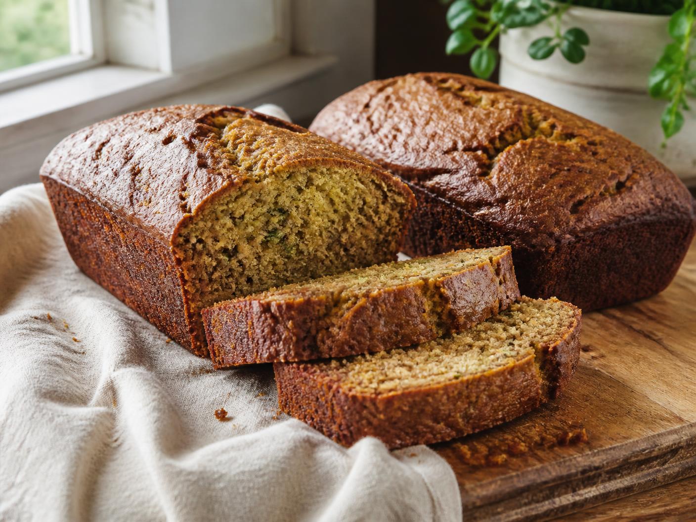 Freshly baked zucchini sweet bread loaves sliced on a wooden board in natural light